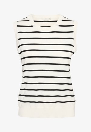 Ujj nélküli kötött felső, fekete vízszintes csíkokkal egy krémszínű háttéren. Rózsa mintás nyakvonal és alj, puha tapintás, testhez simuló fazon.