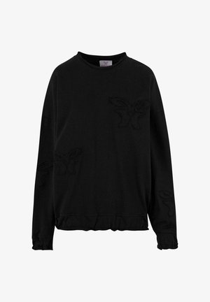 Svart hettegenser med broderte detaljer som danner abstrakte former på venstre bryst og høyre erme. Lange ermer, rund hals, ribbet belte.