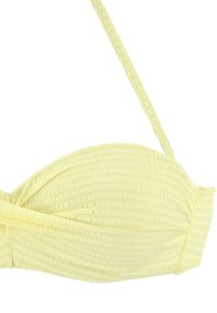 Žuti bikini gornji dio izrađen od teksturiranog materijala, s dizajnom s uvijenim prednjim dijelom i tankim pletenim trakama za podršku.