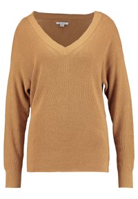 Sweter z dekoltem w serek i długimi rękawami w ciepłym, karmelowym kolorze. Dzianina o chropowatej fakturze z prążkowanymi mankietami i dolnym obszyciem. Luźny krój, miękka tkanina.