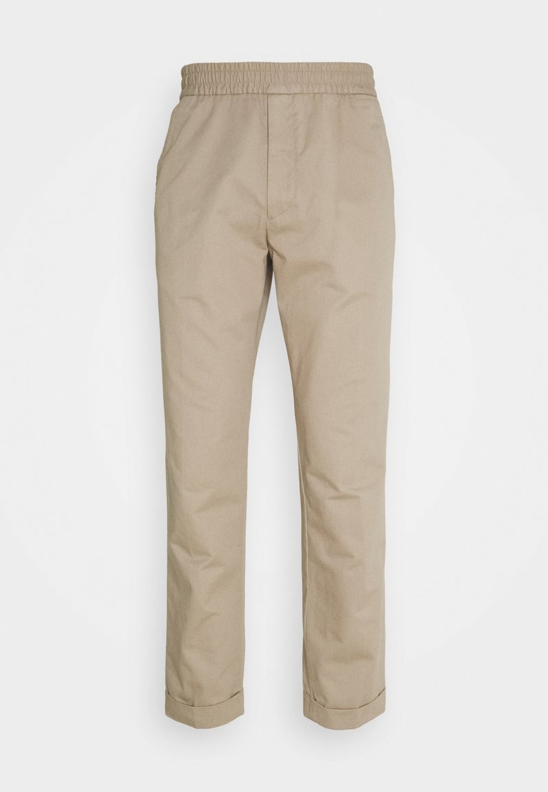 Pantalon beige décontracté avec taille élastique et ourlets retournés, coupe droite, adapté pour un usage quotidien.