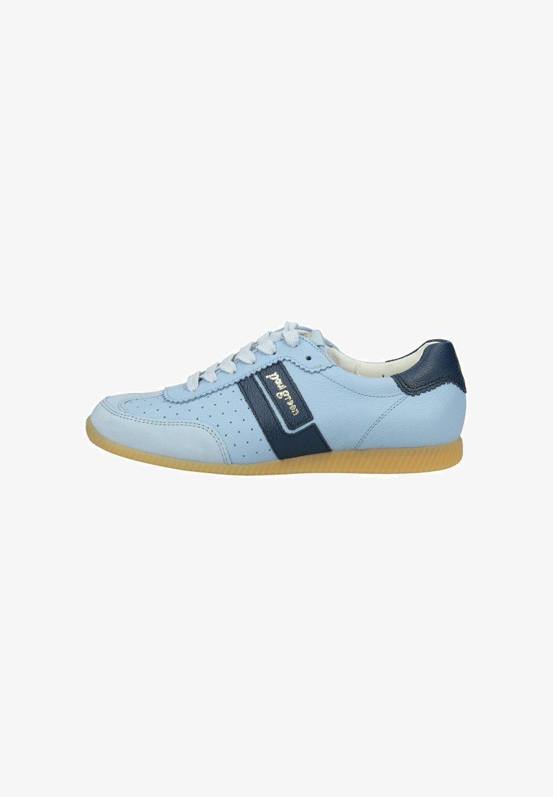 Baskets en cuir bleu clair avec des lacets blancs, bande d'accent bleu marine, panneau latéral perforé et semelle en gomme.