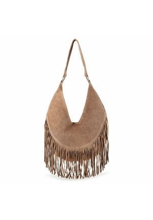 Borsa a tracolla in suede marrone con lunghi dettagli di frange lungo il fondo e una singola tracolla larga con anelli argento.