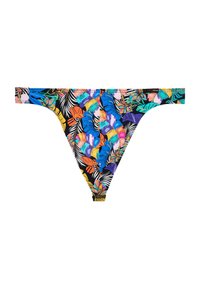 Damen-Tanga-Unterwäsche mit einem tropischen Blumen- und Blattmuster in lebhaften Farben auf schwarzem Hintergrund.