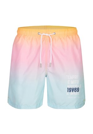 Herren-Badeshorts mit Farbverlauf von Gelb zu Pink zu Hellblau, mit weißem Kordelzug und dem Schriftzug "19V69" am rechten Bein.