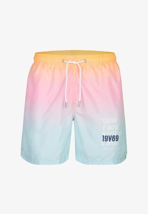 Heren zwemshorts met kleurverloop van geel naar roze naar lichtblauw, met een wit trekkoord en de tekst "19V69" op het rechterbeen.