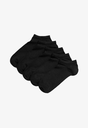 Chaussettes noires pour chevilles, en mélange de coton, cinq paires. Texture lisse, longueur courte, bout et talon renforcés, bord élastique pour un ajustement sécurisé.