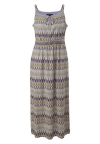 Maxikleid mit gesmokter Taille, dünnen Trägern und einem mehrfarbigen Zick-Zack-Muster in Grün, Lila und Blau auf einem hellen Hintergrund.