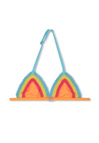 Top bikini triangolo colorato con design all'uncinetto in arancione, rosa, giallo, verde e blu, dotato di spalline regolabili e chiusura in plastica.