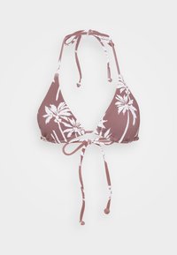 Top bikini triangolare in rosa polveroso con stampa di foglie di palma bianche. Caratterizzato da spalline al collo e lacci regolabili per una vestibilità sicura. Materiale morbido e testurizzato.