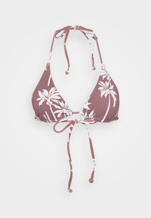Top bikini triangolare in rosa polveroso con stampa di foglie di palma bianche. Caratterizzato da spalline al collo e lacci regolabili per una vestibilità sicura. Materiale morbido e testurizzato.