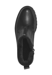 Bottine noire en cuir avec une finition lisse, fermeture éclair sur le côté et doublure intérieure douce. Elle se distingue par sa semelle texturée offrant adhérence et stabilité.