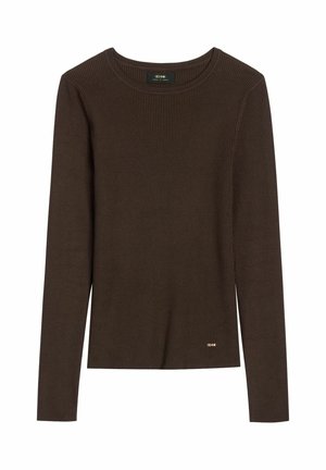 Sweter z długim rękawem, wykonany z ciemnobrązowego prążkowanego dzianiny, z okrągłym dekoltem oraz małym złotym logo marki przy dolnym brzegu po prawej stronie z przodu.