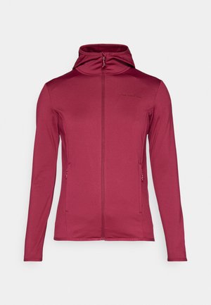 Maroon zip-up jacket with hood, long sleeves, two zippered front pockets, and textured fabric. Features branding on the chest.