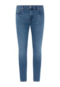 Schlanke Jeans aus mittelblauem Denim. Mit fünf Taschen, einem Knopfverschluss und dezentem Used-Look. Der Stoff hat eine glatte Textur und ist elastisch.