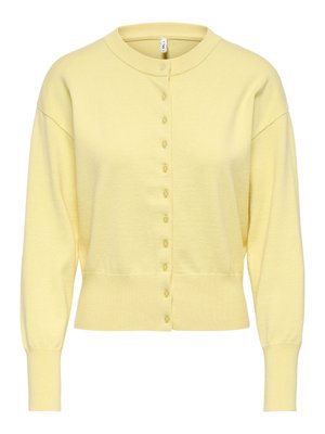 Yellow cardigan with a round neckline, long sleeves, and front button closure. Soft texture with ribbed cuffs and hem.
