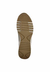 Suola di scarpa in materiale gommoso con colore marrone testurizzato, caratterizzata da scanalature orizzontali, accenti laterali e contrassegnata con la taglia 37.