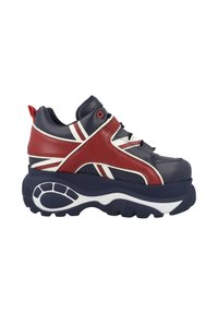 Chunky sneakers with a navy and red leather upper, featuring white accents, a thick outsole, and a sporty design. High-top style.