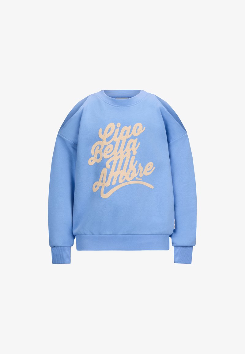 Felpa blu con polsini e orlo a coste, caratterizzata da una grafica testuale color crema "Ciao Bella Amore" sul davanti. Materiale morbido, vestibilità rilassata.