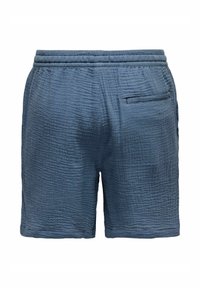 Getextureerde blauwe shorts met een elastische tailleband en een achterzak, met een relaxte pasvorm en een subtiel geweven patroon.