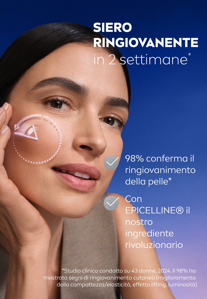 Siero per il viso con un design della bottiglia elegante, caratteri moderni e uno sfondo blu. Illustrazioni evidenziano gli effetti e i benefici del ringiovanimento della pelle.