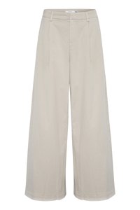 Pantaloni a gamba larga di un beige chiaro realizzati in tessuto liscio, con vita alta, due pince frontali e orli puliti cuciti.
