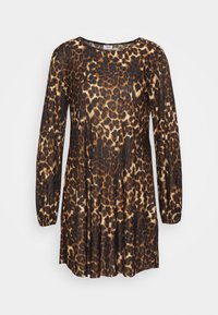 Abito a maniche lunghe di colore nero con stampa leopardata marrone. Realizzato in materiale plissettato, presenta un collo rotondo e un orlo svasato.