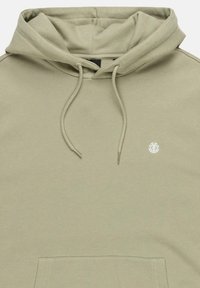Khaki hoodie with adjustable drawstrings, kangaroo pocket, and small logo on the chest. Soft texture and relaxed fit design.