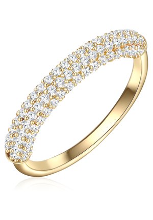 Kultasormus, jossa on kaareva rengas, jossa on rivi kirkaita jalokiviä asetettuna tekstuuriseen kuvioon. Sormuksen sisäpinta on sileä, mikä takaa mukavan käytön.