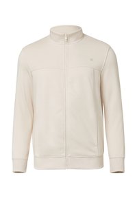 Sweatshirt beige zippé intégral avec col haut, manches longues, poignets et ourlet côtelés, et logo discret sur la poitrine gauche.
