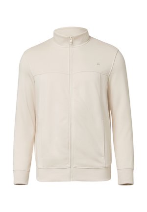 Beige Vollzip-Sweatshirt mit hohem Kragen, langen Ärmeln, gerippten Bündchen und Saum sowie einem dezenten Logo auf der linken Brust.