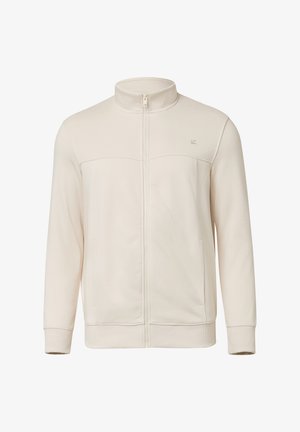 Felpa beige con zip intera, colletto alto, maniche lunghe, polsini e orlo a costine, e logo discreto sul petto sinistro.