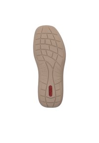 Hellbraune Schuhsohle mit einer strukturierten, gemusterten Oberfläche und winkligen Griffen. Enthält ein rotes Logo in der Mitte, nahe der Ferse.