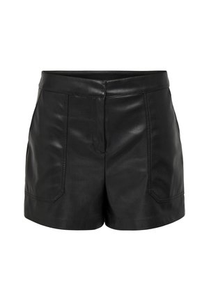 Sorte shorts i kunstlæder med højtalje, foran med sømdetaljer og påsyede lommer, vist mod en ensfarvet hvid baggrund.