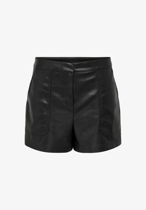 Shorts noirs en simili cuir taille haute avec détails de coutures à l'avant et poches plaquées, présentés sur un fond blanc uni.