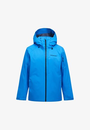 Blå vandtæt jakke med hætte, lynlåslukning, brystlomme og justerbare manchetter. Fremstillet af glat, slidstærkt stof. Sort logo foran.