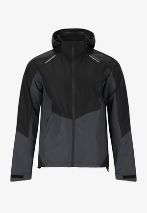 Schwarze und dunkelgraue wasserdichte Jacke mit hohem Kragen, langen Ärmeln und Reißverschluss; mit reflektierenden Akzenten und Seitentaschen.