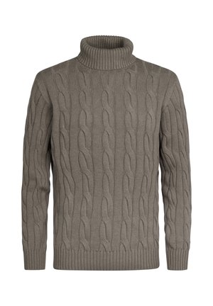 Taupefarbener, kabelgestrickter Rollkragenpullover mit langen Ärmeln sowie gerippten Bündchen und Saum, auf weißem Hintergrund dargestellt.