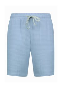 Lichtblauwe geweven zwemb trunks met een elastische tailleband en verstelbare koord. Textuurstof zorgt voor een ademend ontwerp.