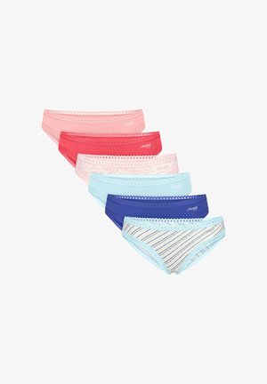 Cinq paires de culottes pour femmes de différentes couleurs : rose, rouge, bleu clair, bleu foncé et motif rayé. Tissu doux avec bordure en dentelle.