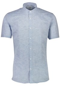 Camicetta a manica corta in tessuto strutturato blu chiaro, con colletto alla coreana, cinque bottoni bianchi e un design semplice e casual.