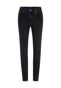 Vaqueros ajustados negros con un corte Slim, diseño de cinco bolsillos y herrajes de botón plateado. Confeccionados en denim con ligera textura y elasticidad.