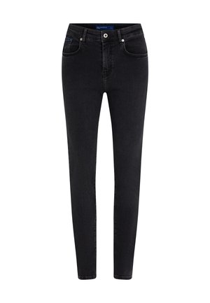 Jeans neri skinny con vestibilità slim, design a cinque tasche e hardware con bottoni in argento. Realizzati in denim con una leggera texture e stretching.