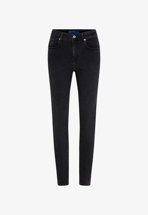 Mustad mustad teksased kitsast lõikega, viie taskuga disain ja hõbedased nupud. Valmistatud kergelt tekstureeritud ja venivast denimist.