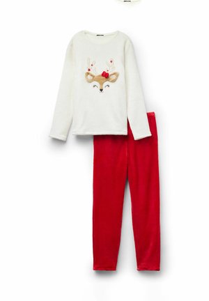 Weißes, weiches Fleece-Langarmshirt mit Rentiermotiv. Leuchtend rote, kuschelige Hose. Beide Teile sind auf Komfort und Wärme ausgelegt.