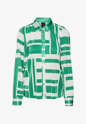 Blouse boutonnée à manches longues avec rayures géométriques vertes et blanches, col en satin et poignets, présentant une texture de tissu plissé.
