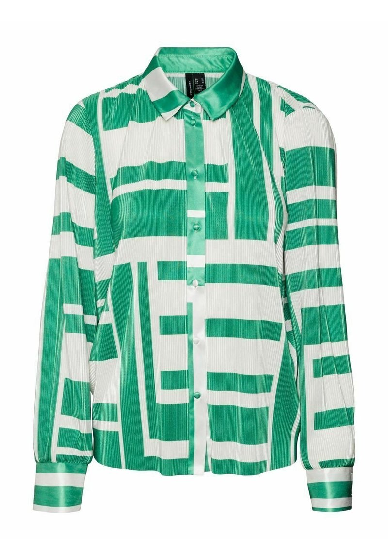 Blouse boutonnée à manches longues avec rayures géométriques vertes et blanches, col en satin et poignets, présentant une texture de tissu plissé.