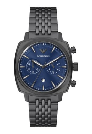 Schwarzmetall-Armbanduhr mit blauem Zifferblatt, silbernen Stundenmarkierungen, Chronographen-Unterzifferblättern, Datumsanzeige bei 6 Uhr und Gliederarmband.