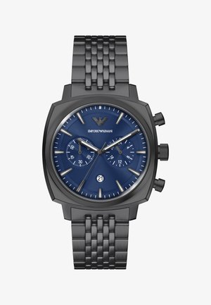 Schwarzmetall-Armbanduhr mit blauem Zifferblatt, silbernen Stundenmarkierungen, Chronographen-Unterzifferblättern, Datumsanzeige bei 6 Uhr und Gliederarmband.