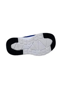 Suola di scarpa atletica blu con imbottitura bianca e accenti in gomma nera. Superficie testurizzata con modelli di trazione, tra cui forme geometriche.